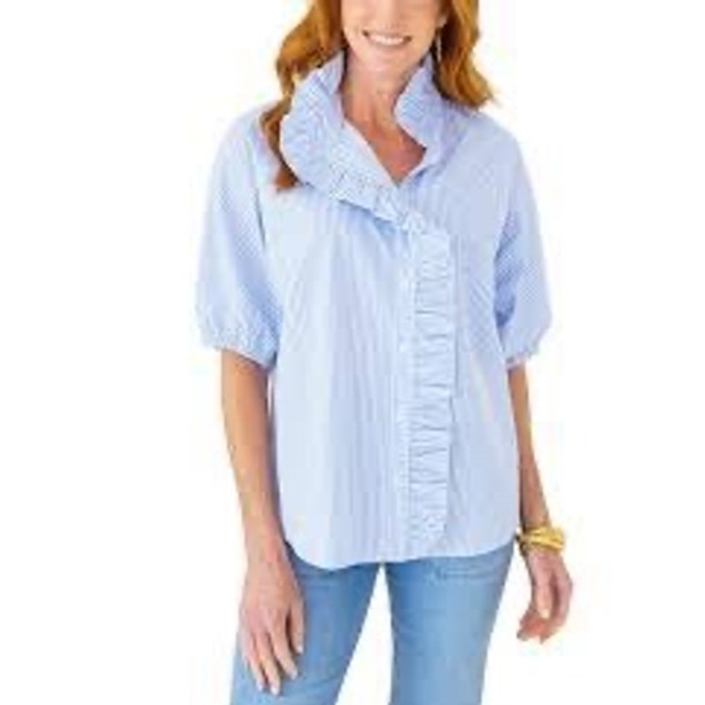 CARYN LAWN Blue Stripe Seersucker Ruffle Preppy Coastal Spring Resort Blouse O/S